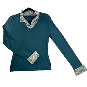 Apt 9  Layered Sweater Long Sleeve Floral Button Up Womens Sz S Teal Preppy